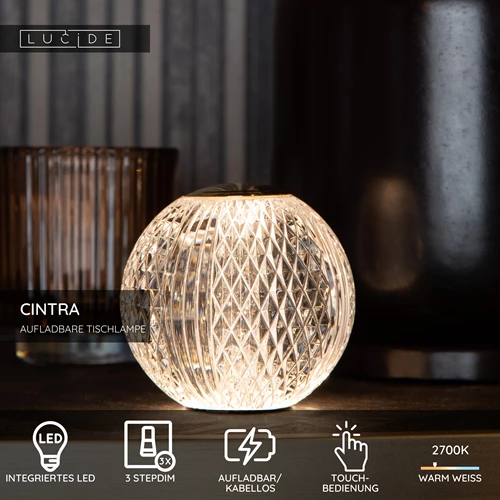 Lucide CINTRA - wiederaufladbare Tischlampe - Akku/Batterie - Ø 11 cm - LED 3 StepDim - 1x2W 2700K - Transparent - USP